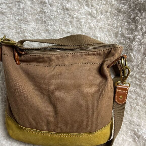 Fossil Brown canvas and yellow mustard suede medium shoulder/crossbody bag . - Picture 2 of 13